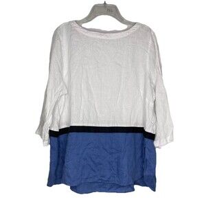 J. Jill Top Women XL Love Linen White Colorblock Three Quarter Sleeve 100% Linen